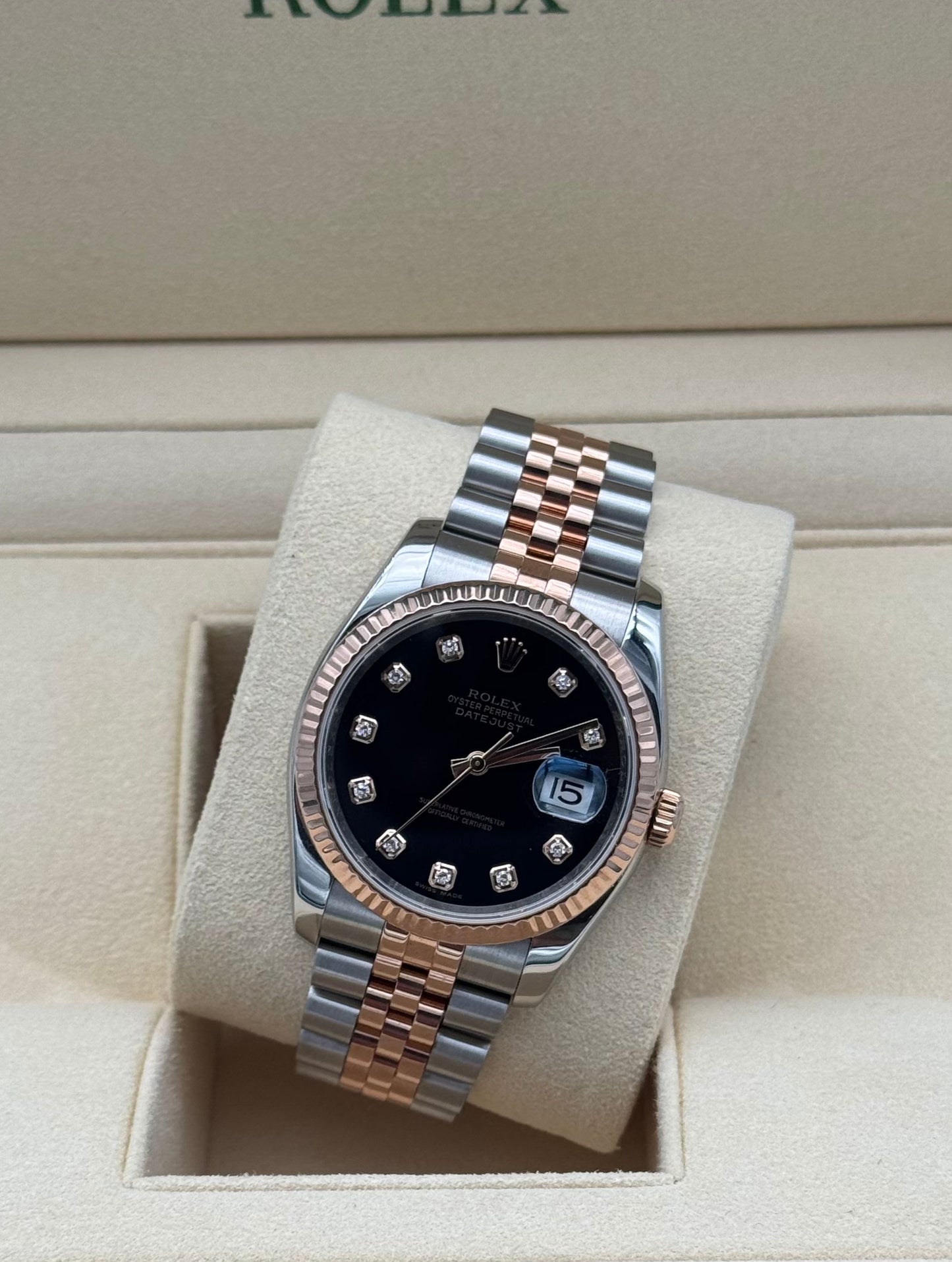 Rolex Datejust 36mm Steel/R. Gold Black Diamond Dial