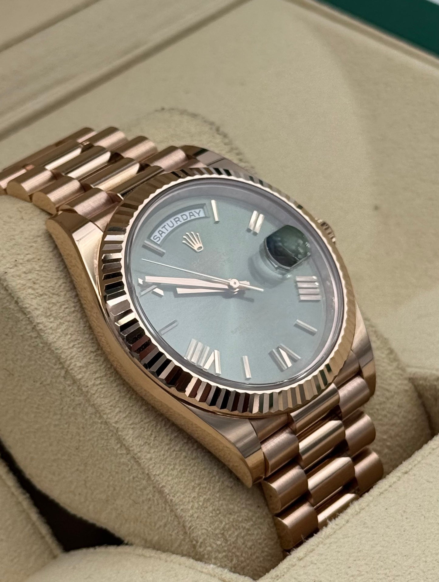 Rolex Day Date 40mm Rose Gold Olive Dial