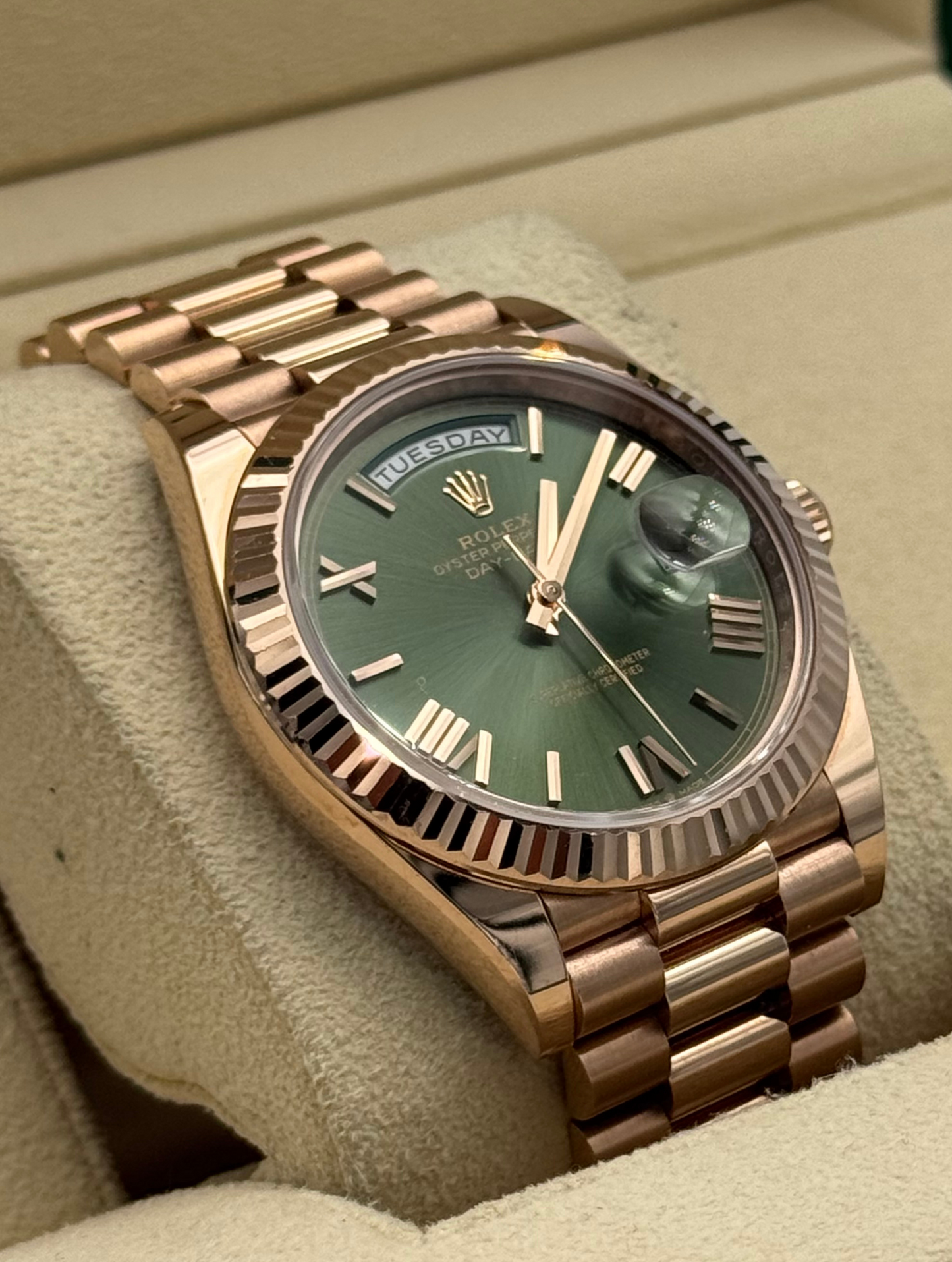 Rolex Day Date 40mm Rose Gold Olive Roman Dial