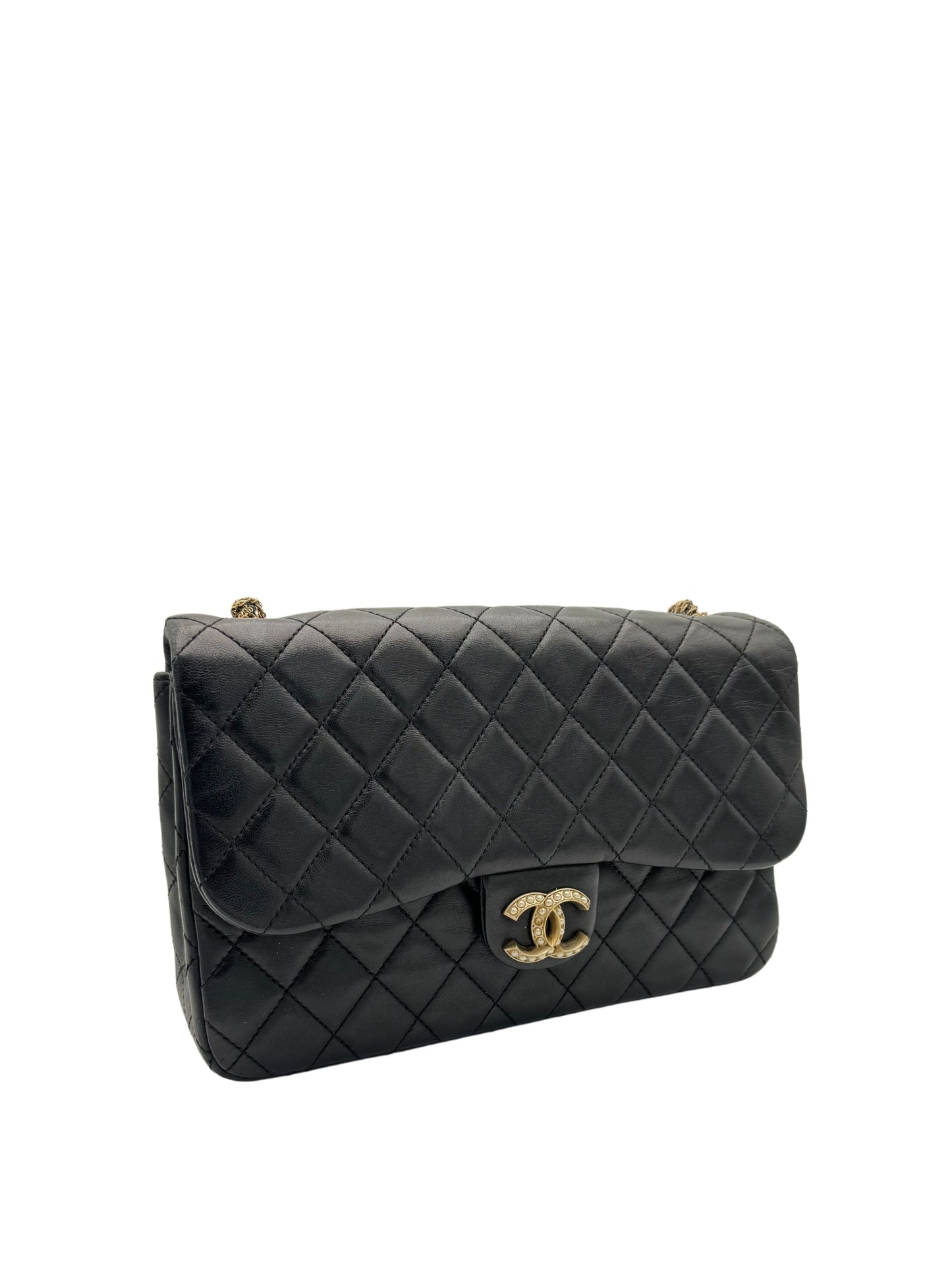 Chanel Classic Flap Black Black Calfskin Pearls Gold Chain