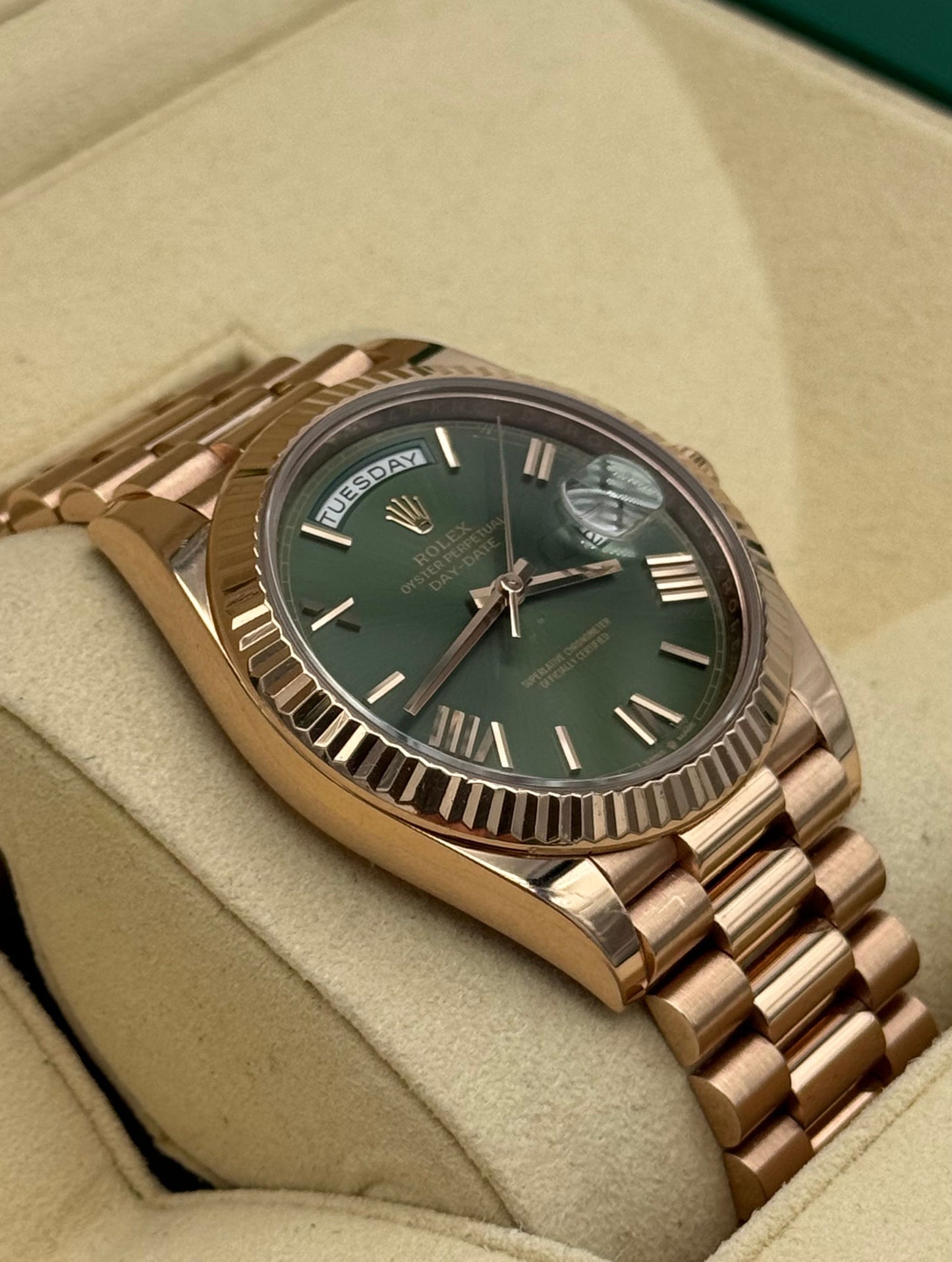 Rolex Day Date 40mm Rose Gold Olive Dial