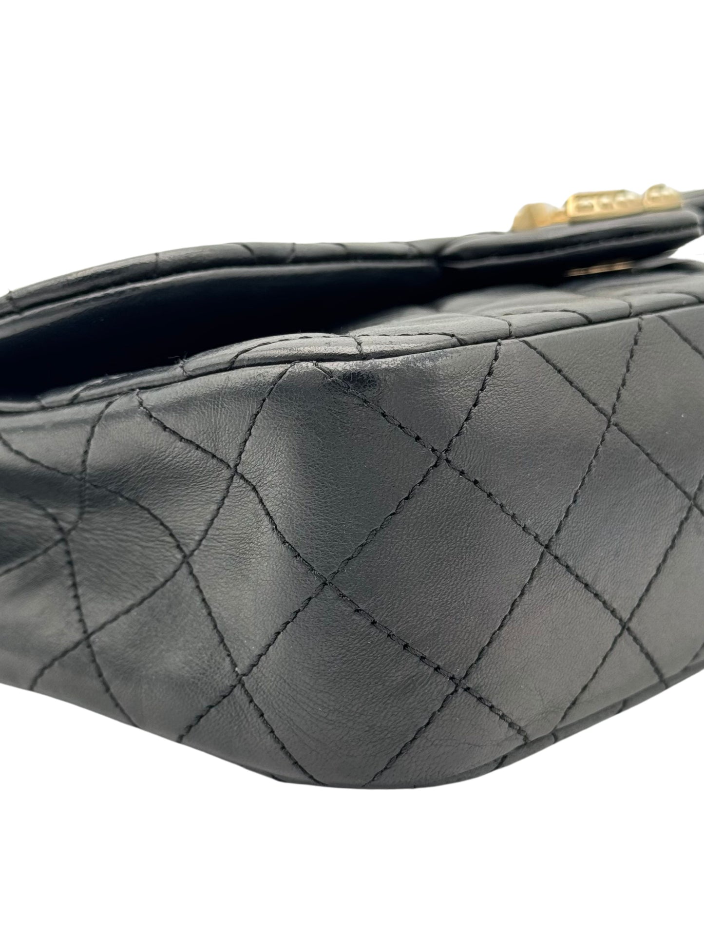 Chanel Classic Flap Black Black Calfskin Pearls Gold Chain