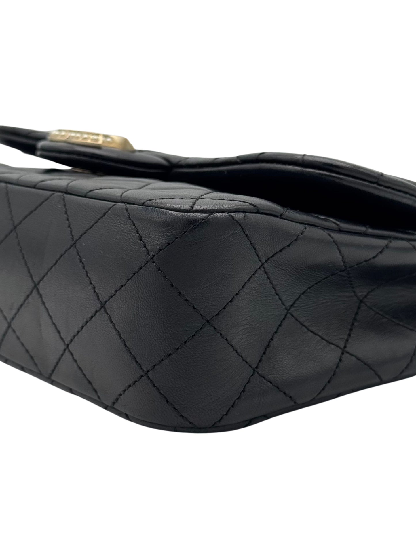 Chanel Classic Flap Black Black Calfskin Pearls Gold Chain