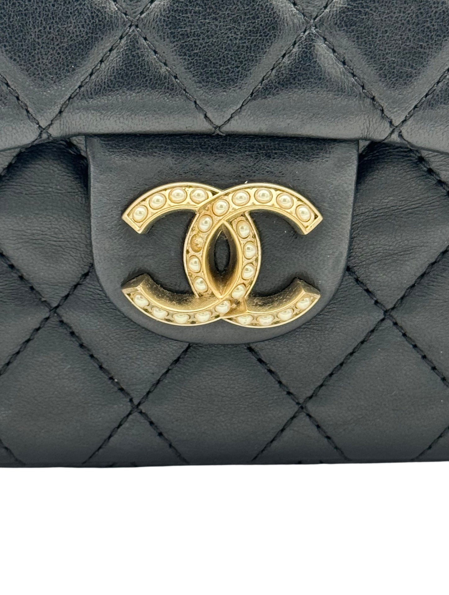 Chanel Classic Flap Black Black Calfskin Pearls Gold Chain
