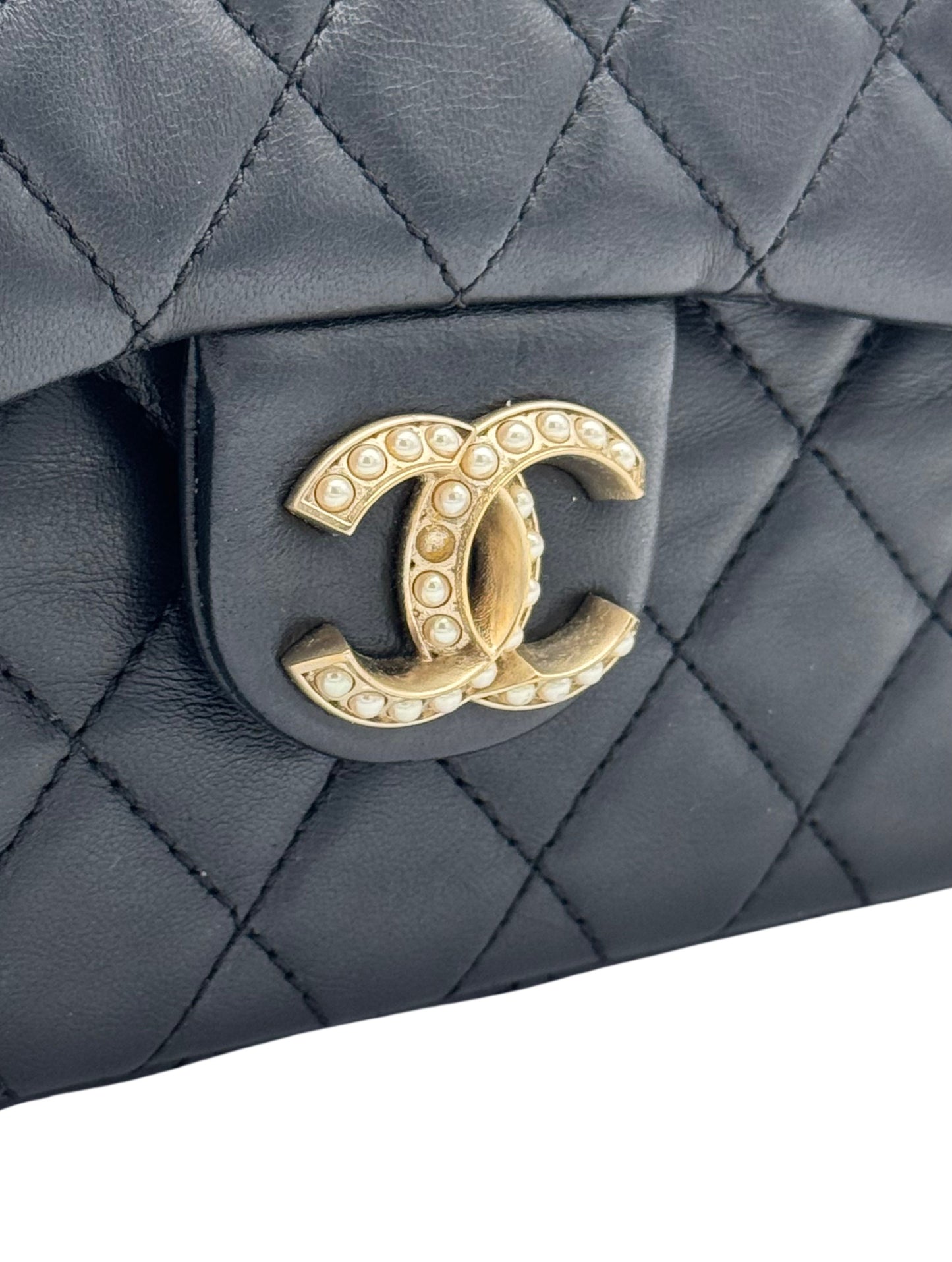 Chanel Classic Flap Black Black Calfskin Pearls Gold Chain