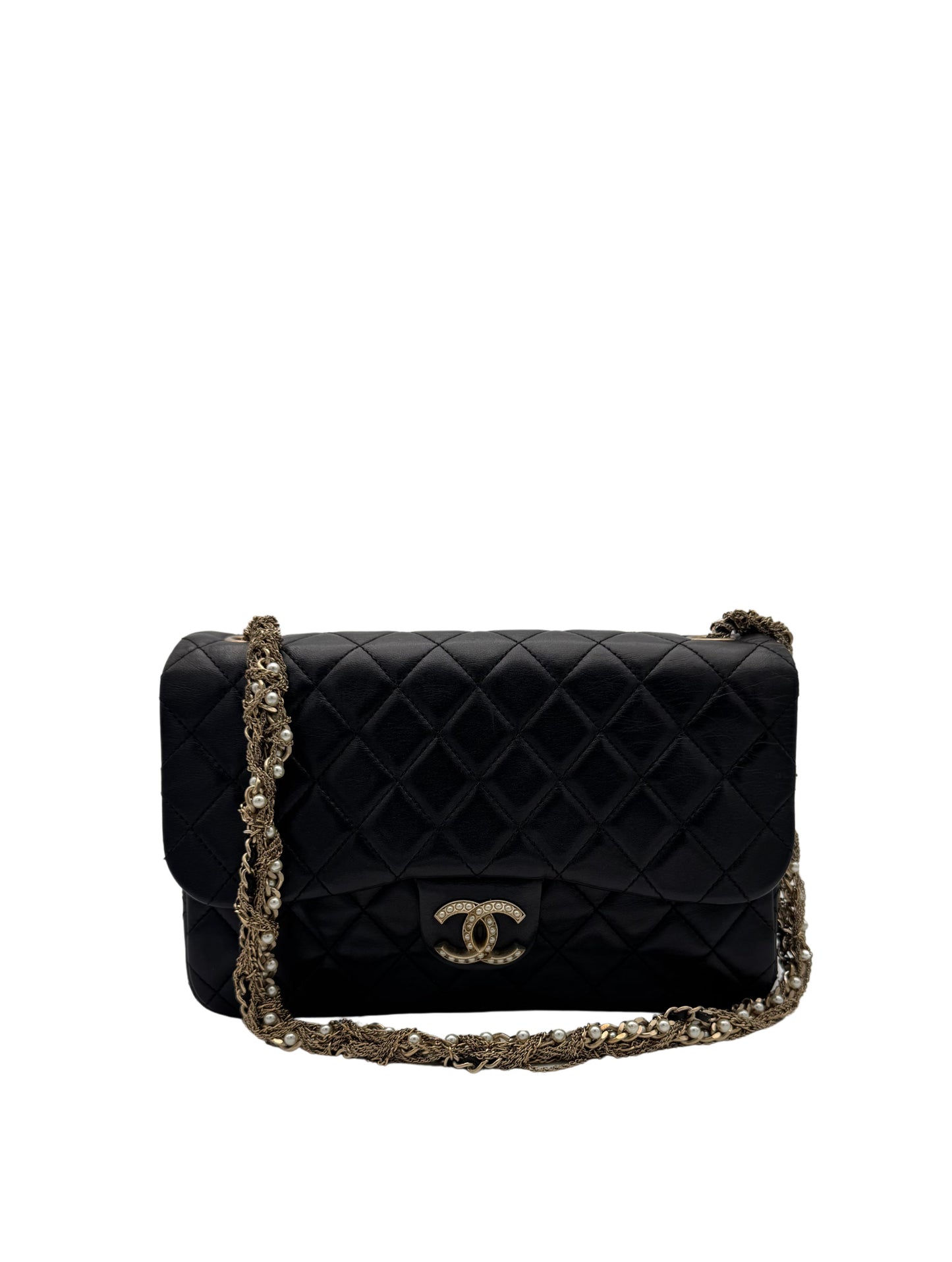 Chanel Classic Flap Black Black Calfskin Pearls Gold Chain
