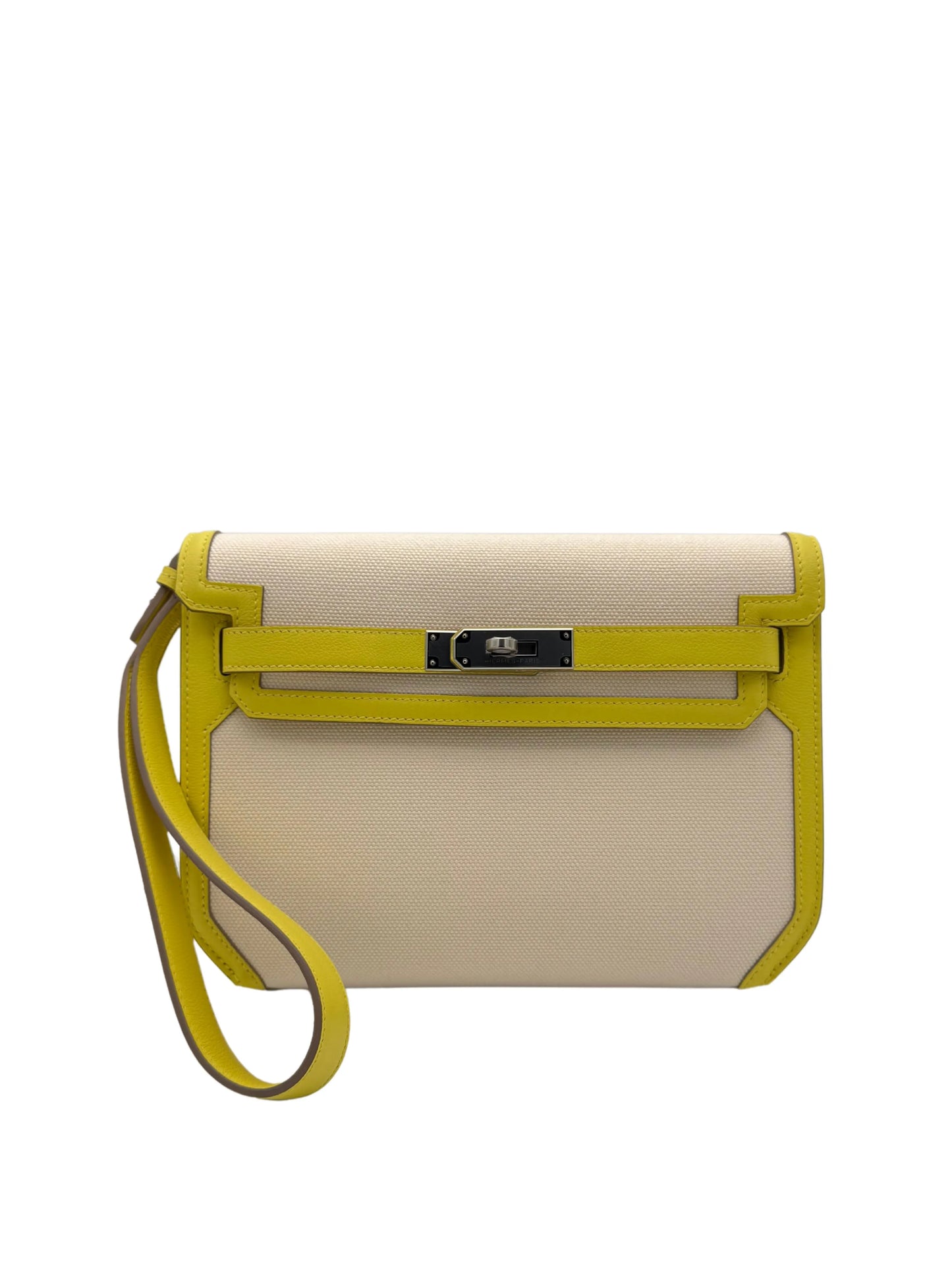 Buy Bag Hermès Kelly Dépêches 25 Toile Lime Palladium Hardware - Comprar bolso lona y piel amarillo herraje paladio
