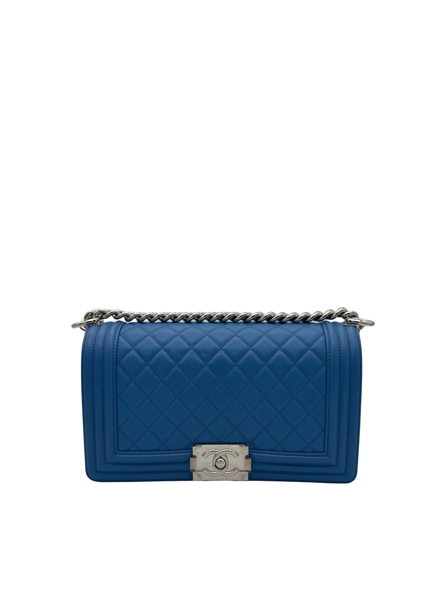 Chanel Boy Medium Calfskin Blue Electric Silver-Tone Metal, new, full set.