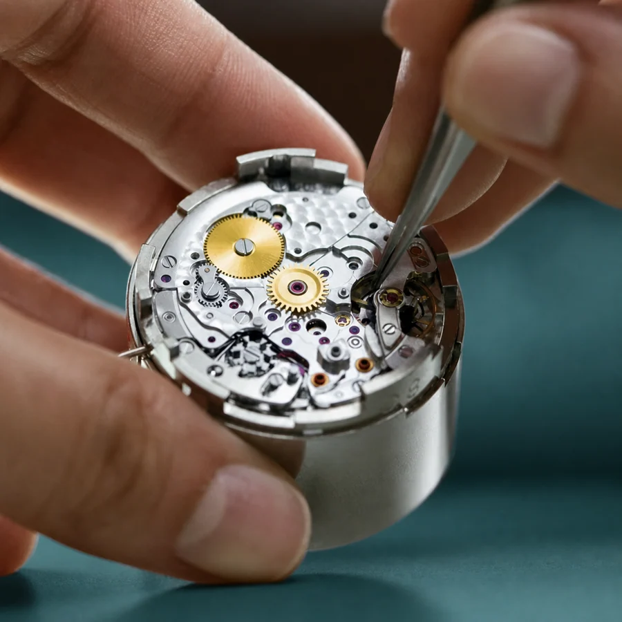 An open watch movement under the watchmaker’s tweezers