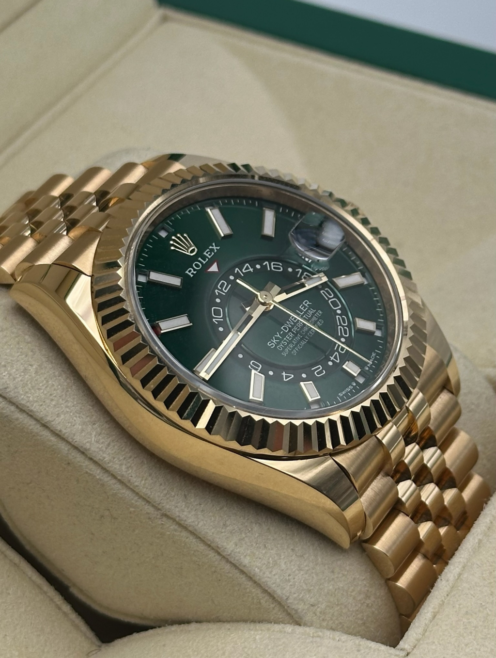 Rolex Sky Dweller Gold Green Dial Jubilee