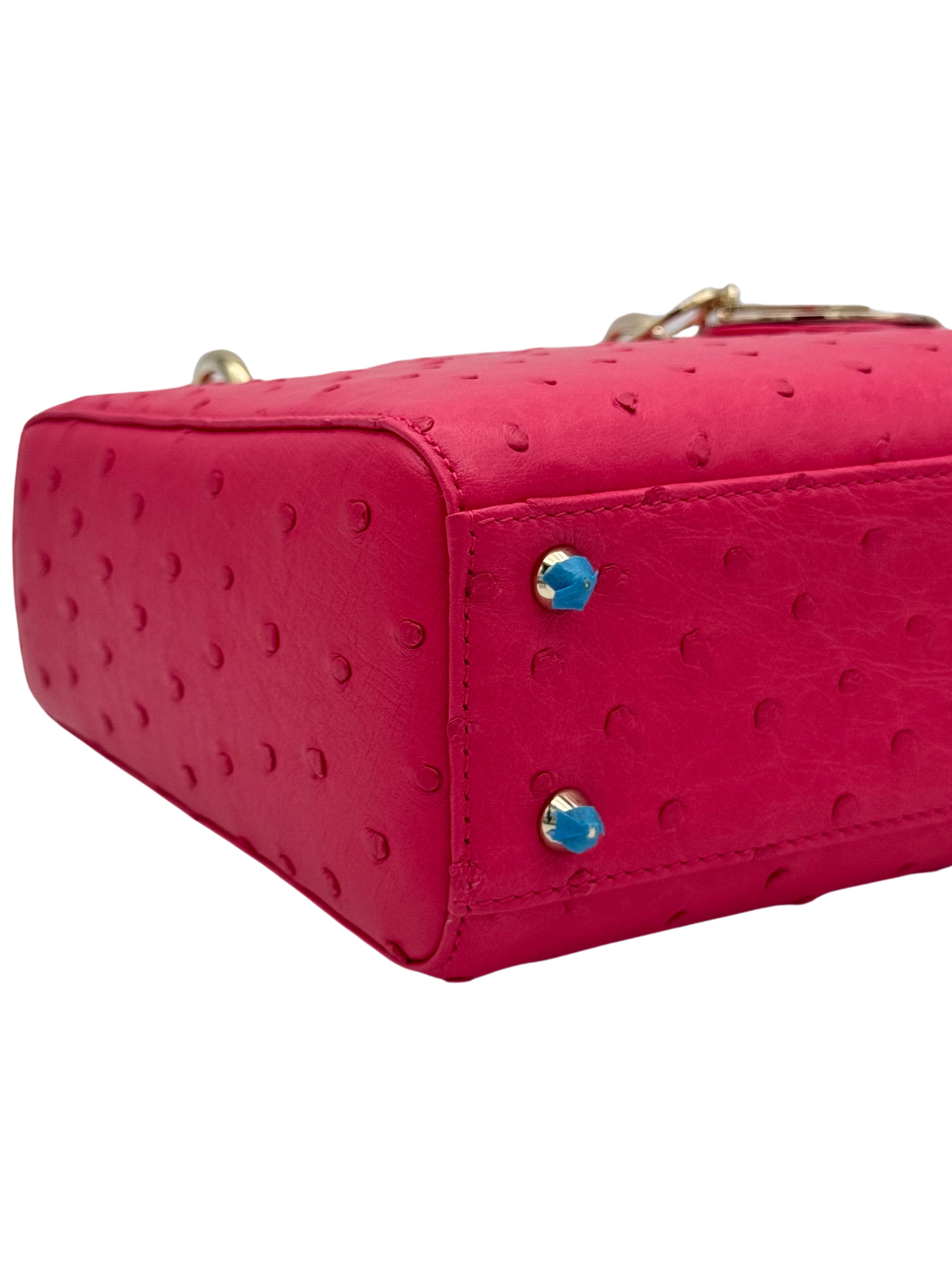 Dior Lady Small Ostrich Fuchsia Gold Hardware