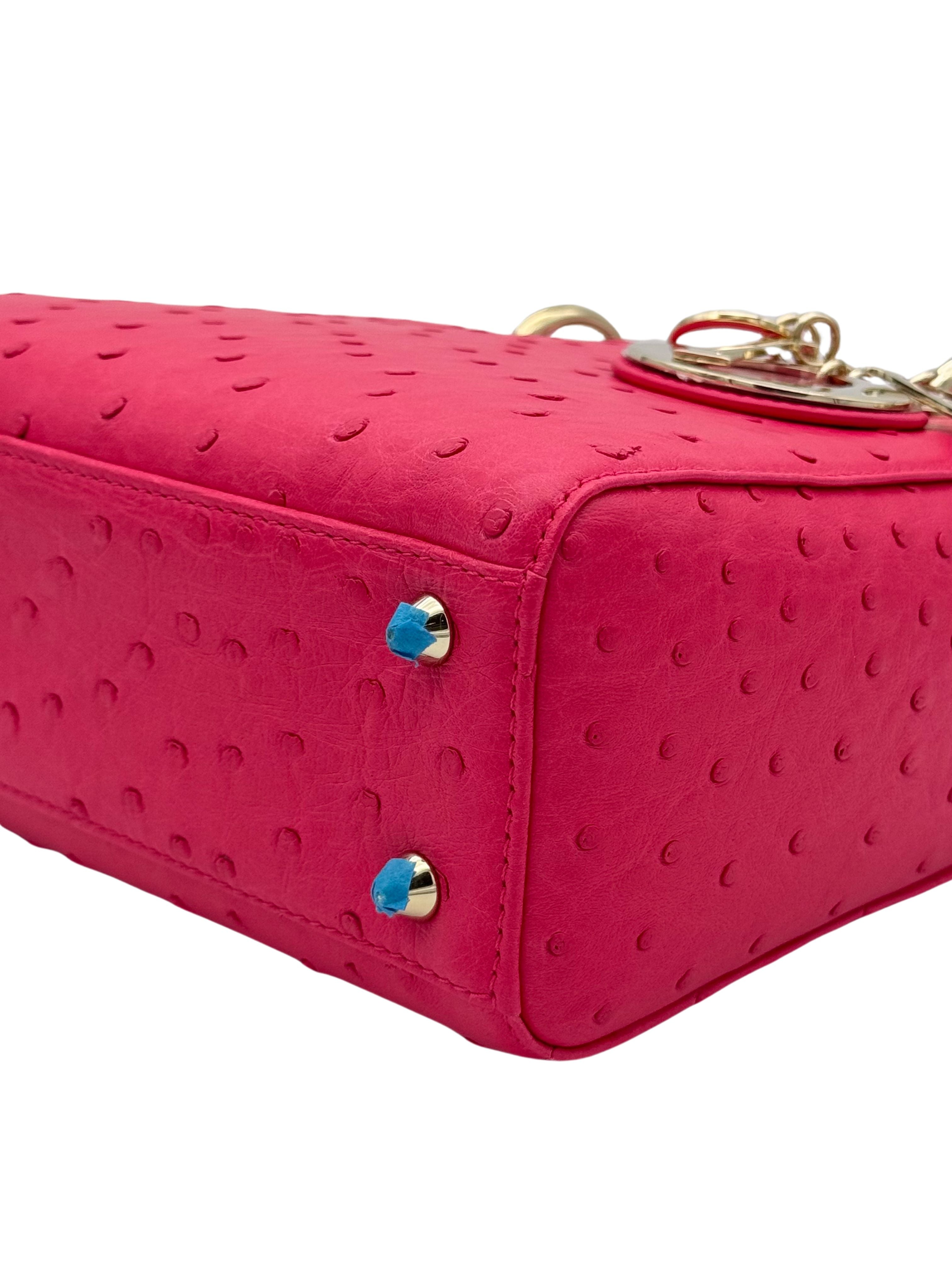 Dior Lady Small Ostrich Fuchsia Gold Hardware