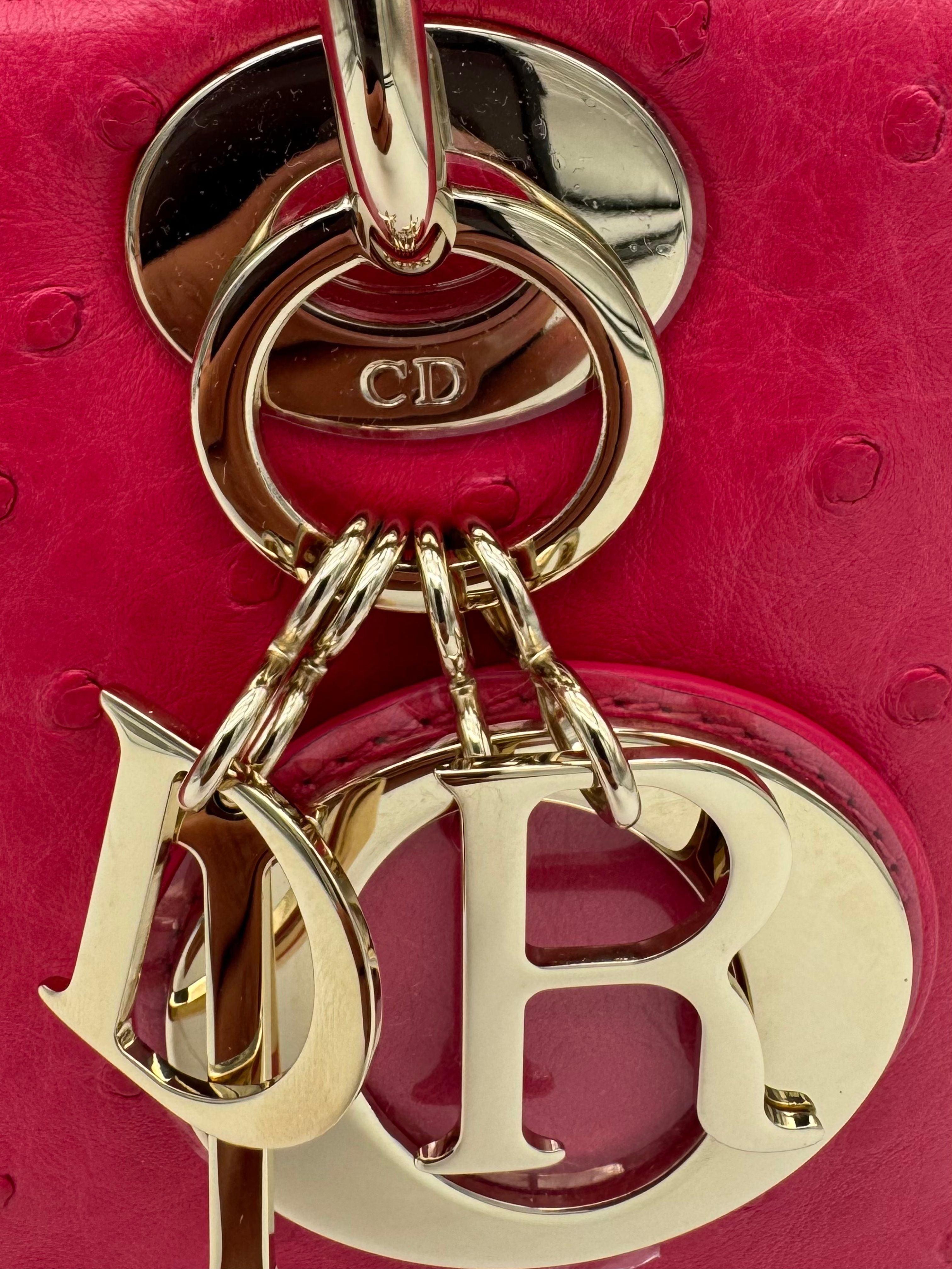 Dior Lady Small Ostrich Fuchsia Gold Hardware