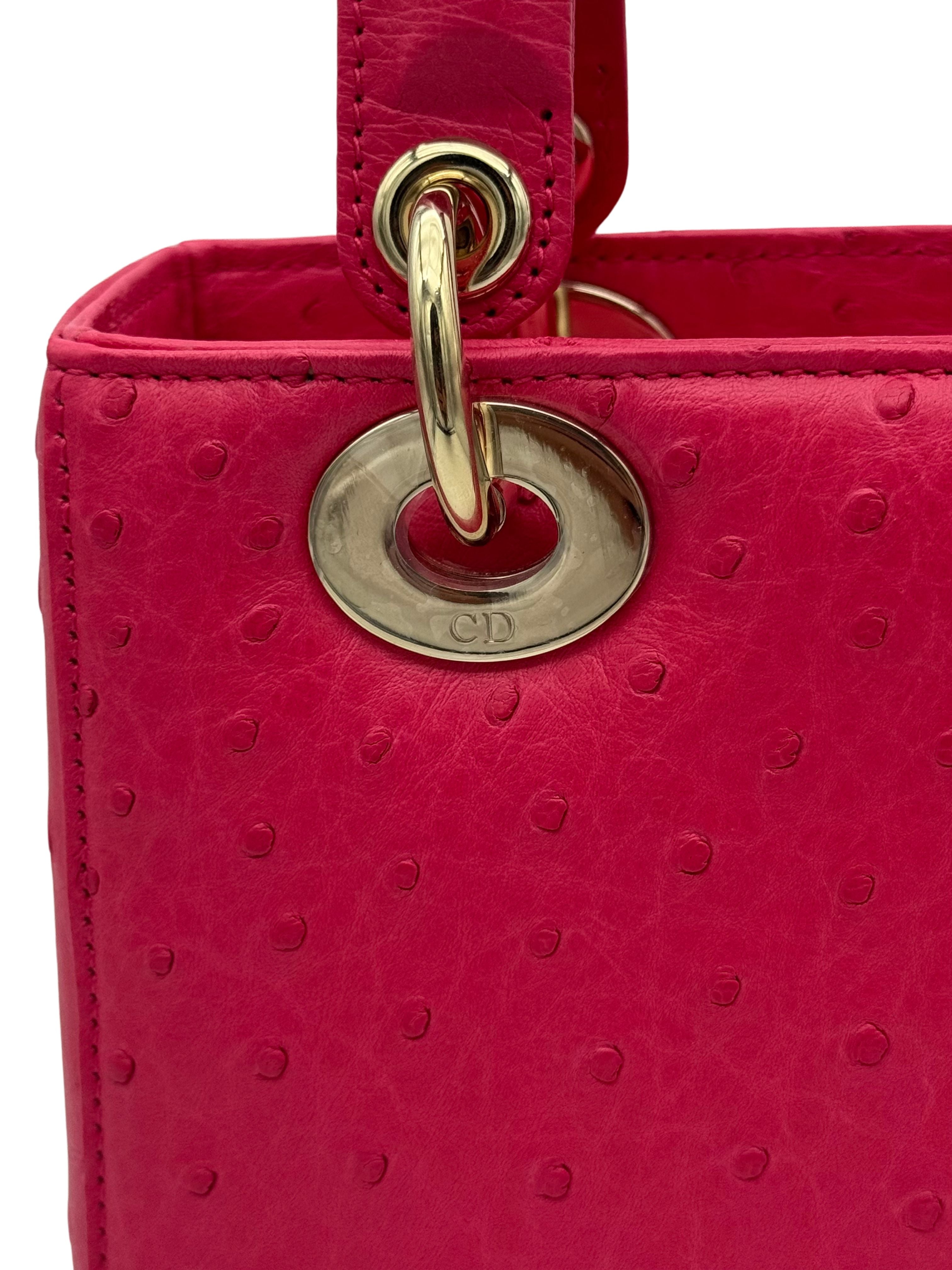 Dior Lady Small Ostrich Fuchsia Gold Hardware