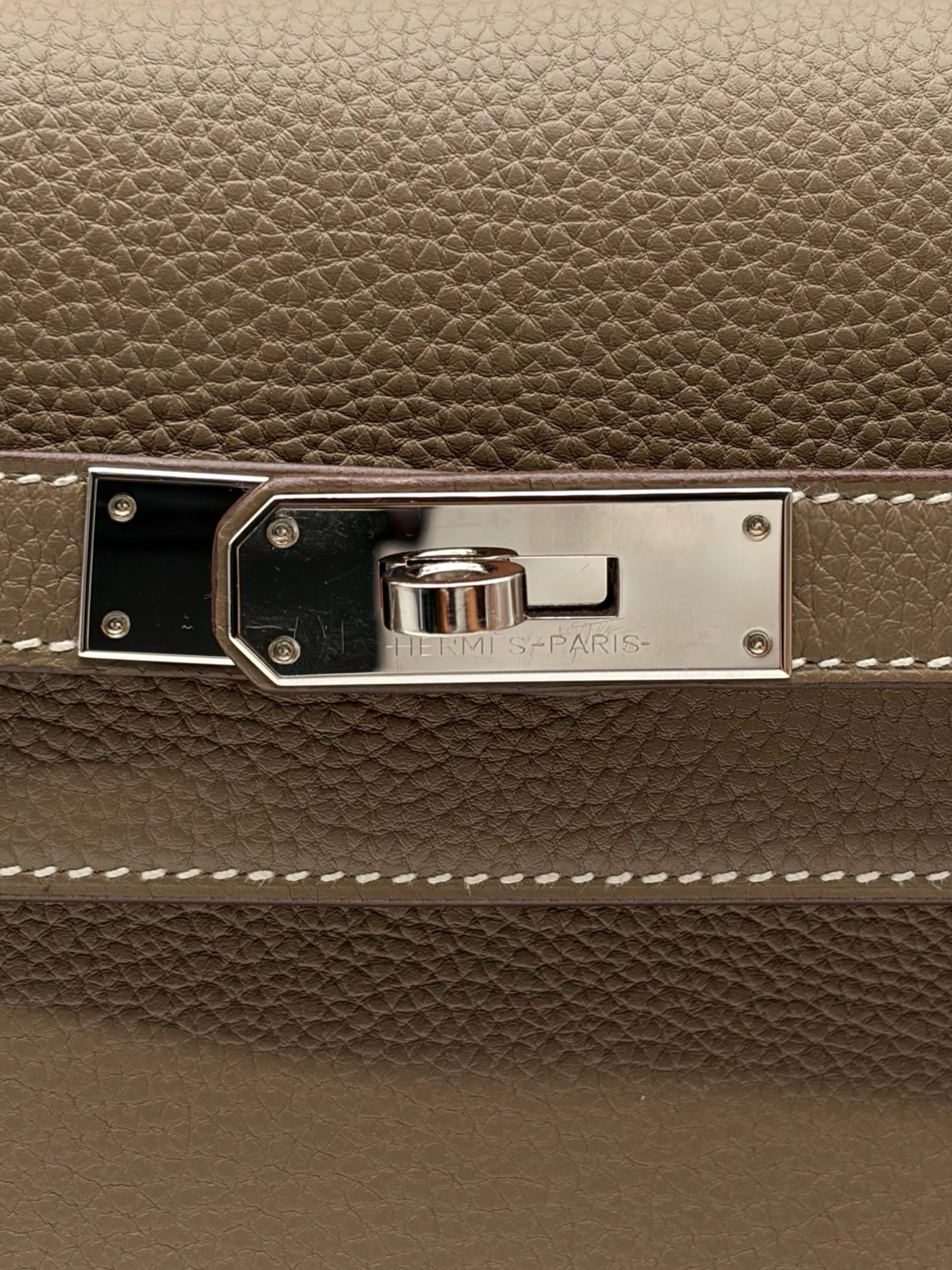 Hermès Kelly Dépêches 25 Togo Etoupe Palladium Hardware