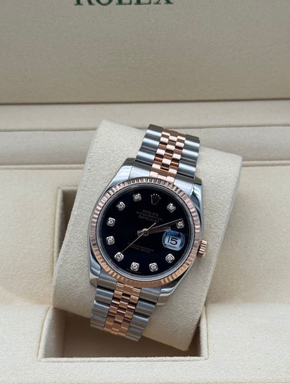 Rolex Datejust 36mm Steel/R. Gold Black Diamond Dial