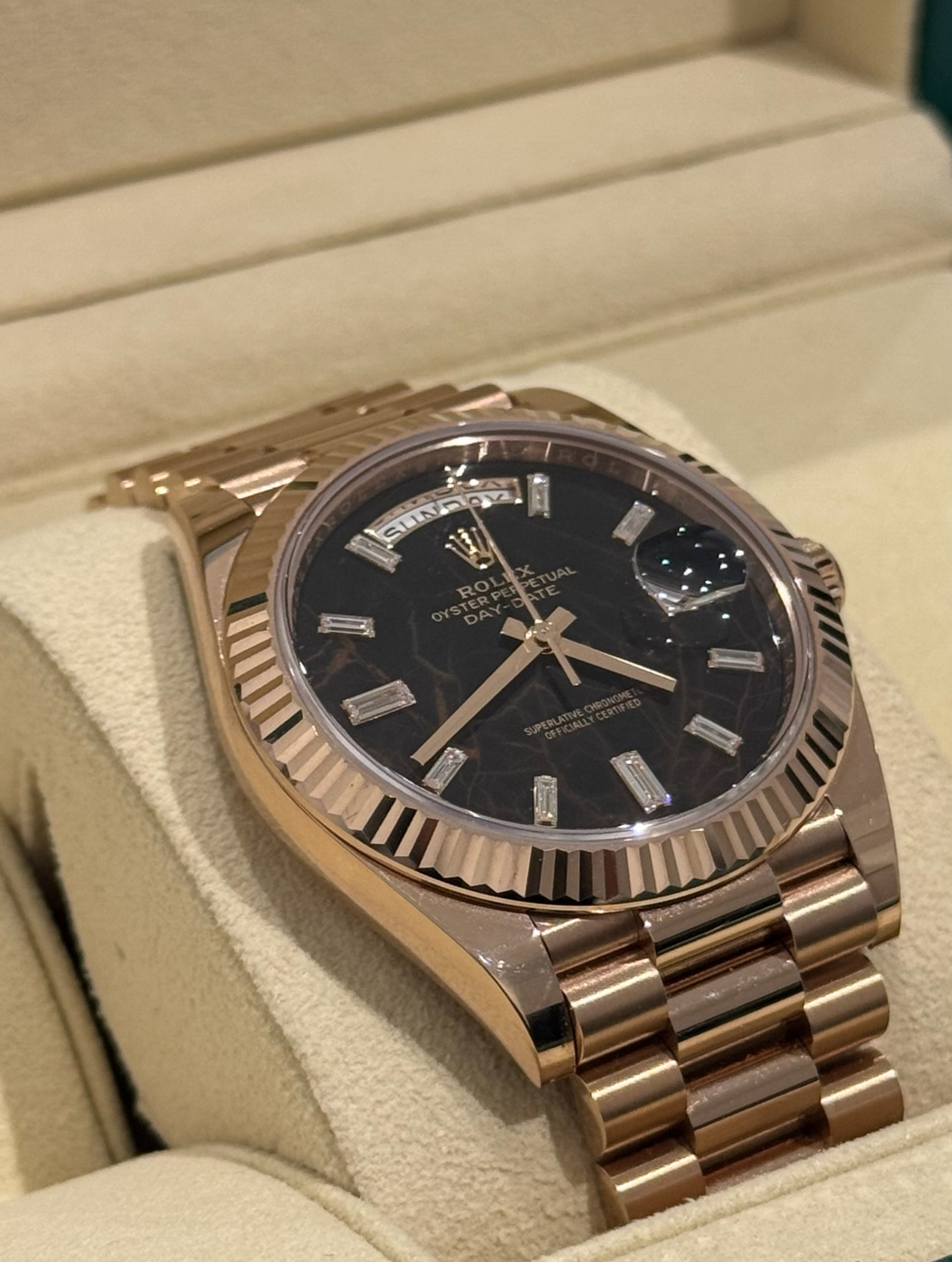 Rolex Day Date 40mm Rose Gold Eisenkiesel Baguette Dial