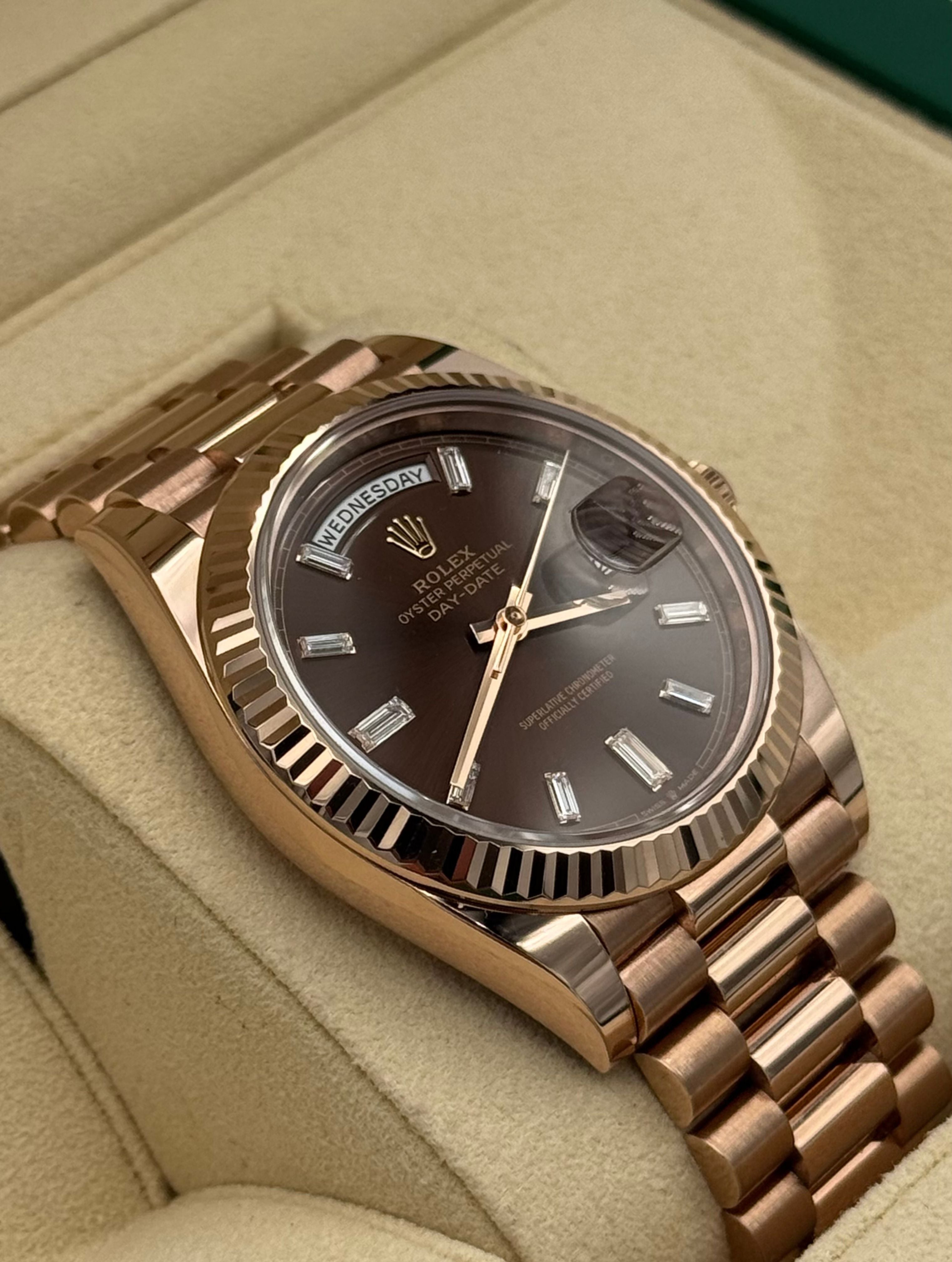 Rolex Day Date 40mm Rose Gold Chocolate Baguette Dial