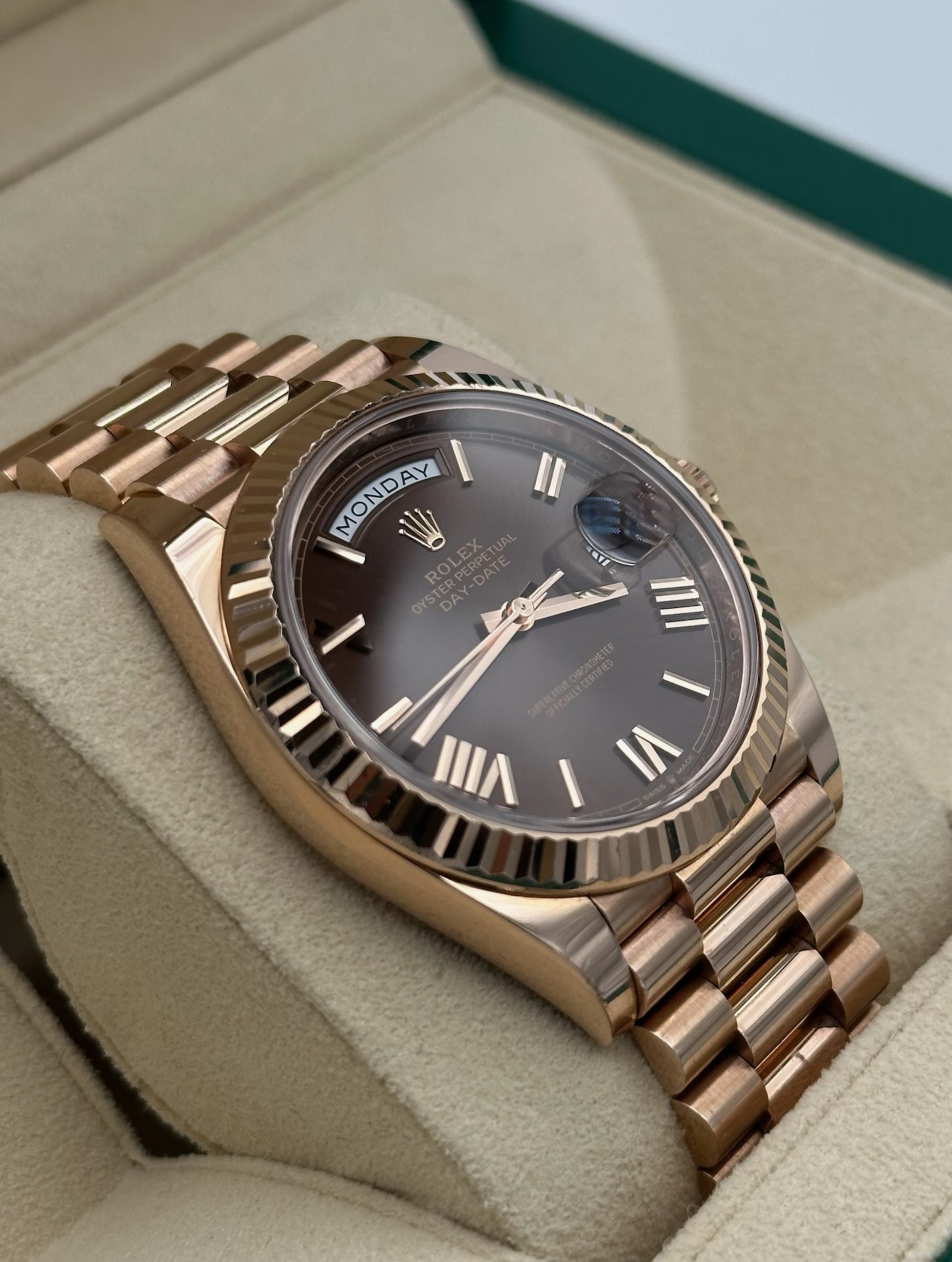 Rolex Day Date 40mm Rose Gold Chocolate Roman Dial