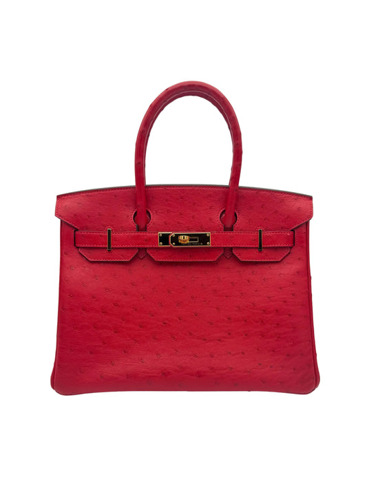 Bag Hermès Birkin 30 Ostrich Bougainvillea Gold Hardware - Bolso piel de avestruz rojo herraje dorado
