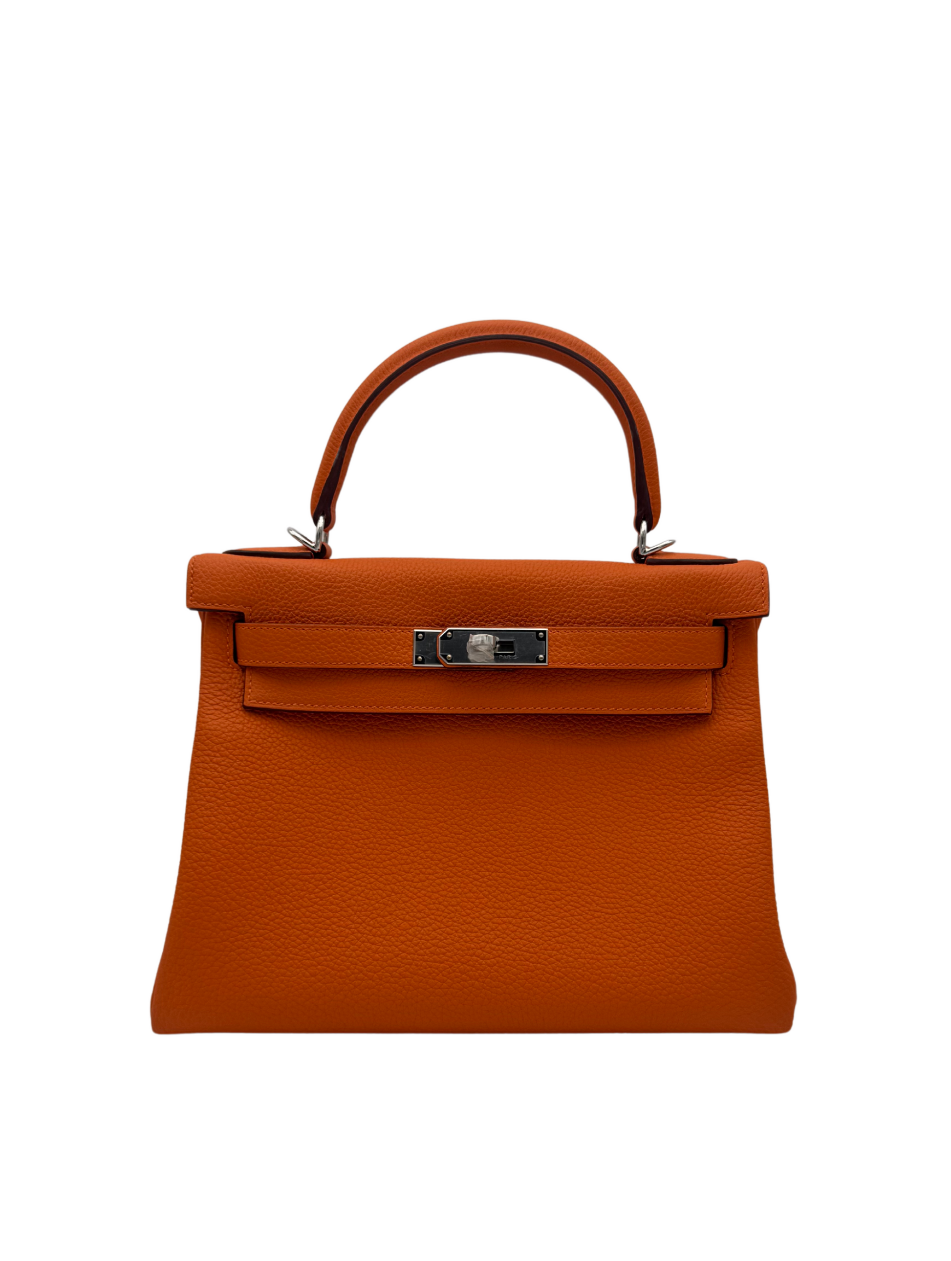 Bag Hermès Kelly 28 Togo orange, naranja, palladium Hardware, Piel Togo, Herraje paladio, bolso, marbella, Sotogrande, puerto Banus, Andalucia, Spain 