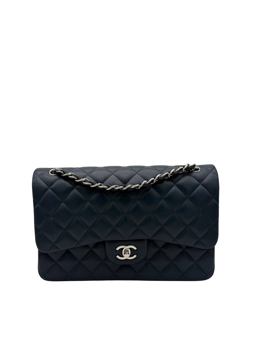 Buy Chanel Classic Jumbo Blue Navy Lambskin Silver-Tone Metal full set in Marbella | Compra bolso Chanel clásico tamaño jumbo, compraventa de artículos de segunda mano. Envio internacional.