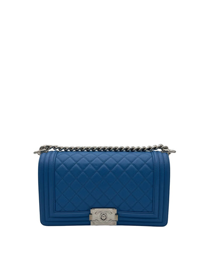 Chanel Boy Medium Calfskin Blue Electric Silver-Tone Metal, new, full set.