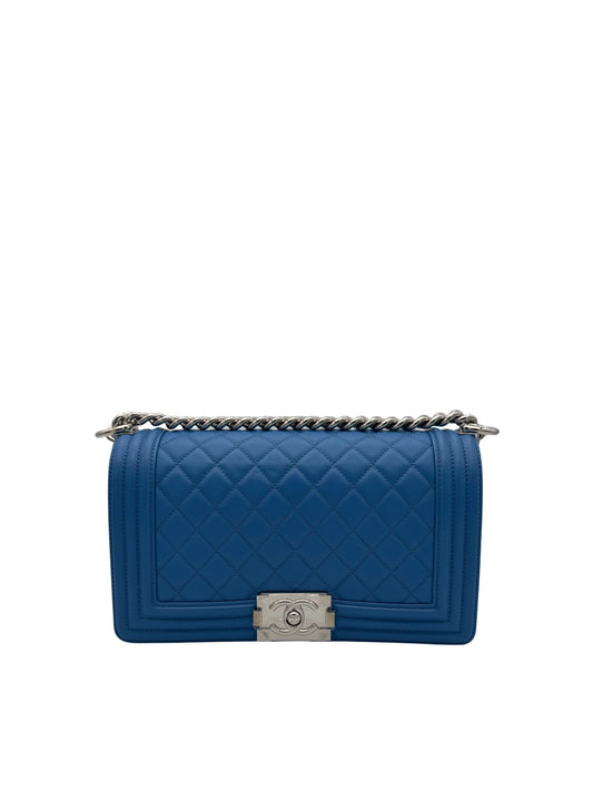 Chanel Boy Medium Calfskin Blue Electric Silver-Tone Metal, new, full set.