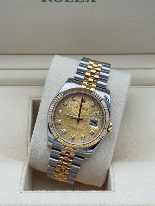 Rolex Datejust 36mm 116233 Steel and Gold Anniversary Dial - Reloj de lujo con esfera de diamantes y brazalete Jubilee, año 2006