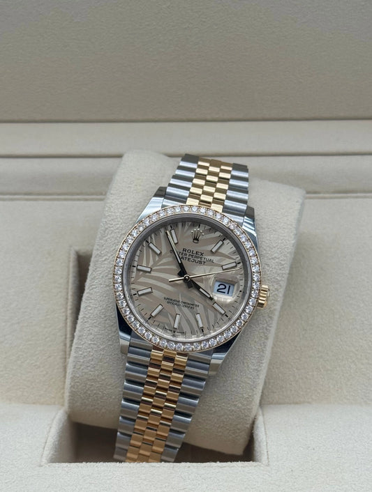 Rolex Datejust 36mm 126283 Steel and Gold Palm Dial RBR - Reloj de lujo con esfera de palmera, bisel de diamantes y brazalete Jubilee, año 2021