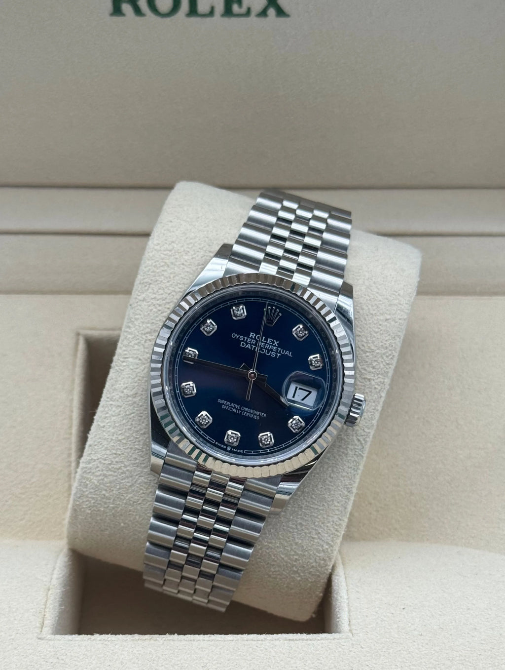 Rolex Datejust 36mm acero, azul con diamantes, 2019.Rolex Datejust 36mm steel blue diamond dial. Full set in excellent condition, worldwide shipping.