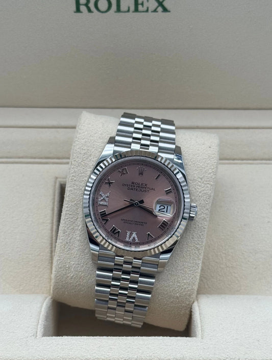 Rolex Datejust 36mm acero, rosa con diamantes, 2021.Rolex Datejust 36mm steel blue diamond dial. Full set in excellent condition, worldwide shipping.