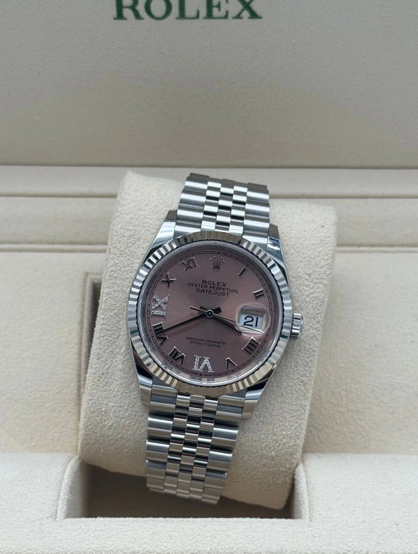 Rolex Datejust 36mm acero, rosa con diamantes, 2021.Rolex Datejust 36mm steel blue diamond dial. Full set in excellent condition, worldwide shipping.