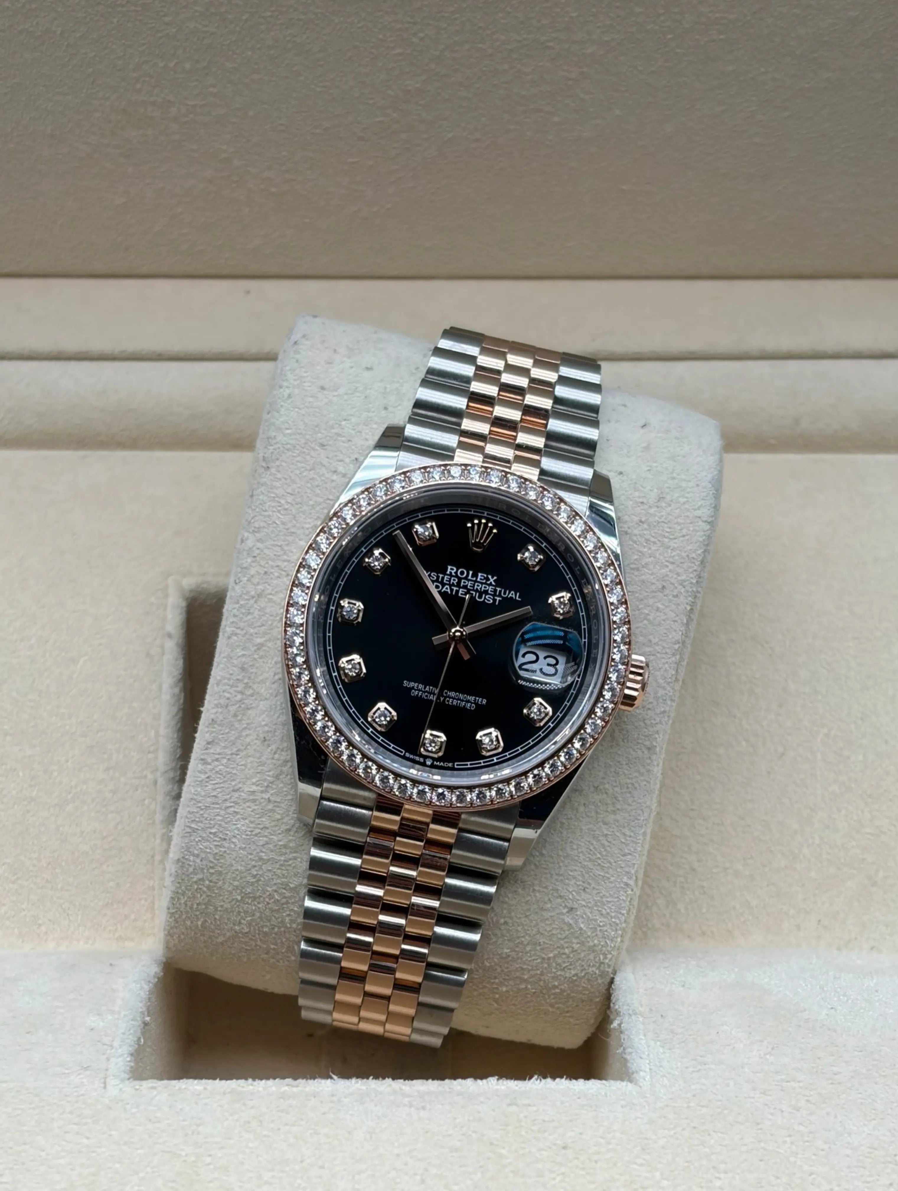 Rolex Datejust 36mm Steel/R. Gold Black Dial RBR full set Sotogrande | Reloj Rolex Datejust 36mm acero y oro rosa esfera negra bisel diamantes, envio internacional.