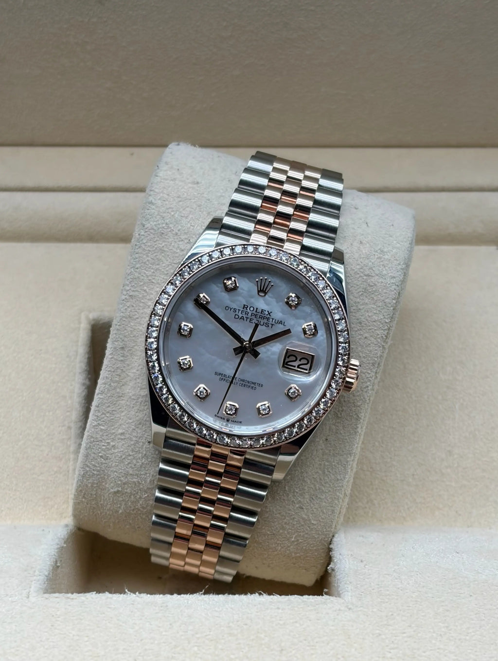 Rolex Datejust 36mm Steel/R. Gold MOP Dial RBR full set Sotogrande | Reloj Rolex Datejust 36mm acero y oro rosa esfera Madre Perla bisel diamantes, envio internacional.