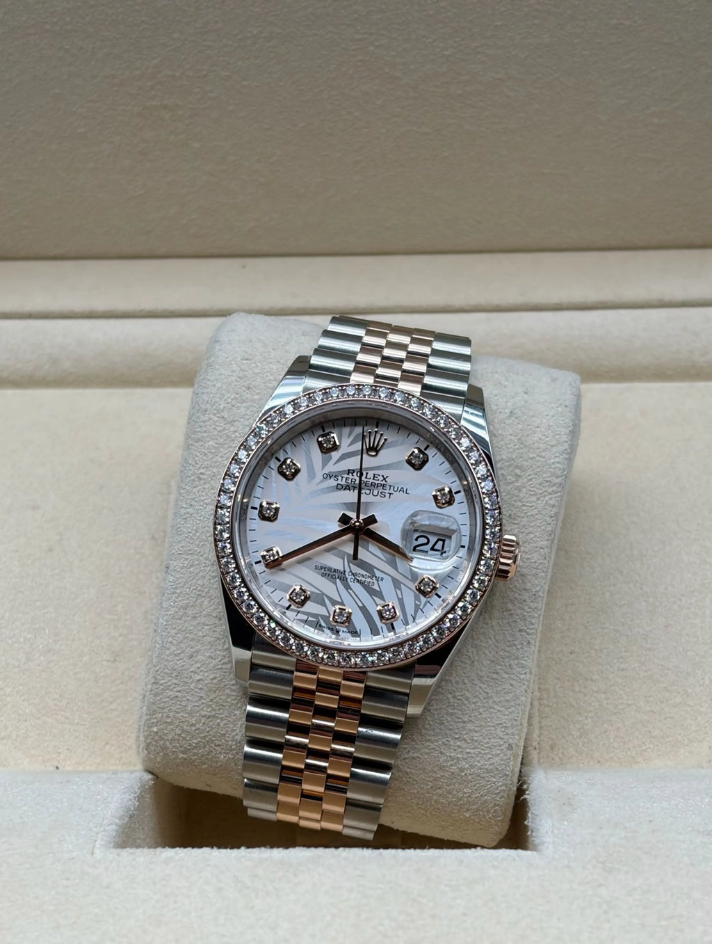 Rolex Datejust 36mm Steel/R. Gold Palm Dial RBR full set Sotogrande | Reloj Rolex Datejust 36mm acero y oro rosa esfera palmera diamantes bisel diamantes, envio internacional.