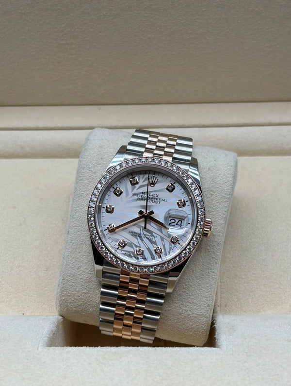 Rolex Datejust 36mm Steel/R. Gold Palm Dial RBR full set Sotogrande | Reloj Rolex Datejust 36mm acero y oro rosa esfera palmera diamantes bisel diamantes, envio internacional.