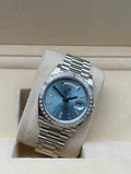 Rolex Day Date 40mm Platinum Baguette Dial TBR full set in Sotogrande | Compra Rolex Daydate 40mm platino esfera azul con baguette bisel diamantes.