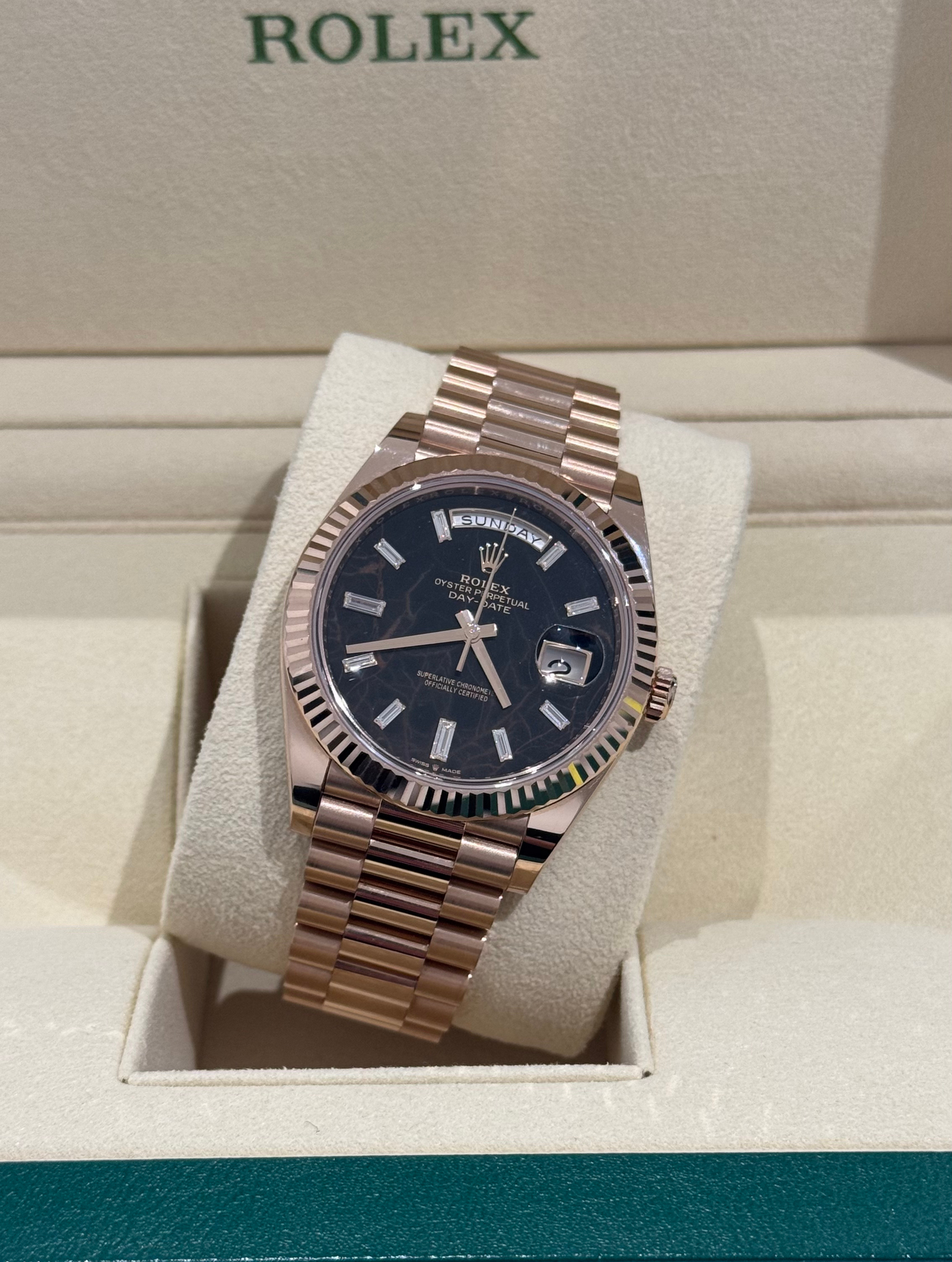 Rolex Day Date Rose Gold Eisenkiesel Baguette Dial - Reloj Oro Rosa Marmol Baguette