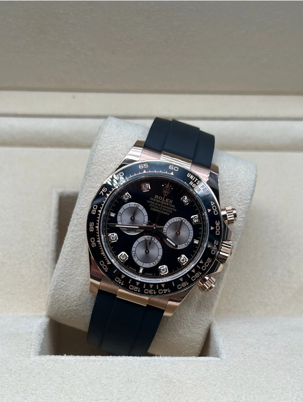Rolex Daytona Oysterflex Rose Gold Black Diamonds Dial full in Sotogrande | reloj rolex daytona oysterflex oro rosa esfera negra con diamantes, envio internacional.