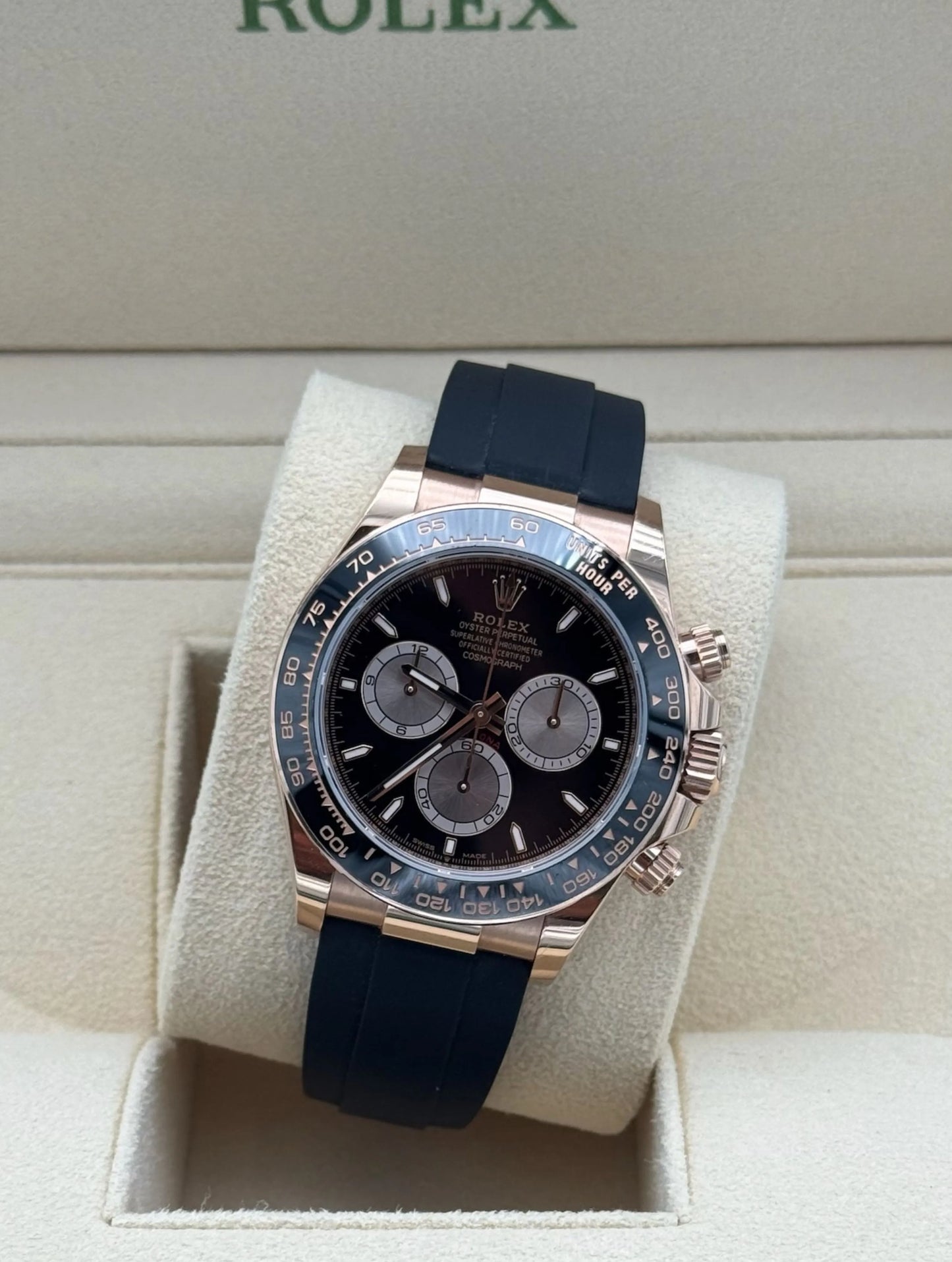 Rolex Daytona Rose Gold Oysterflex Black Dial 2024 full set original - reloj de lujo disponible en Marbella con envío internacional