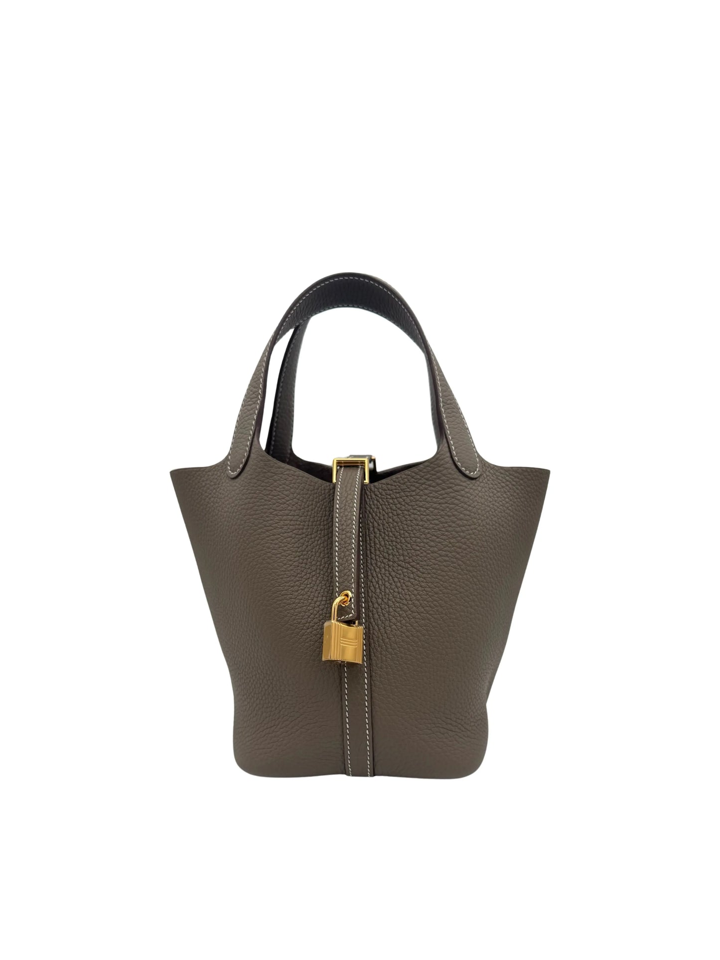 Hermès Picotin 18 Clemence Etoupe con herrajes dorados. Leather bag made in France with gold hardware.
