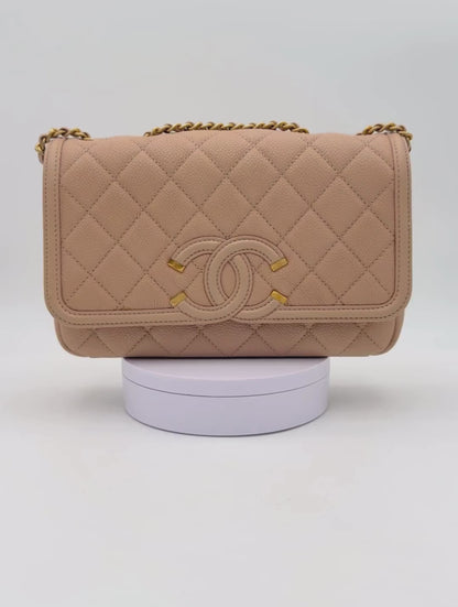 Chanel CC Filigree Caviar Pink Gold Tone-Metal