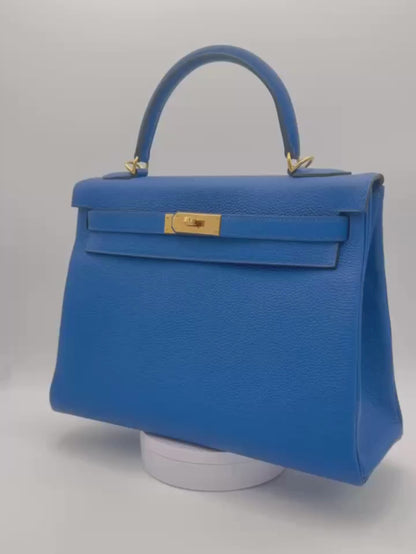 Hermès Kelly 32 Togo Blue  Gold Hardware