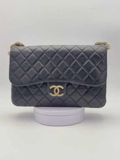 Chanel Classic Flap Black Black Calfskin Pearls Gold Chain