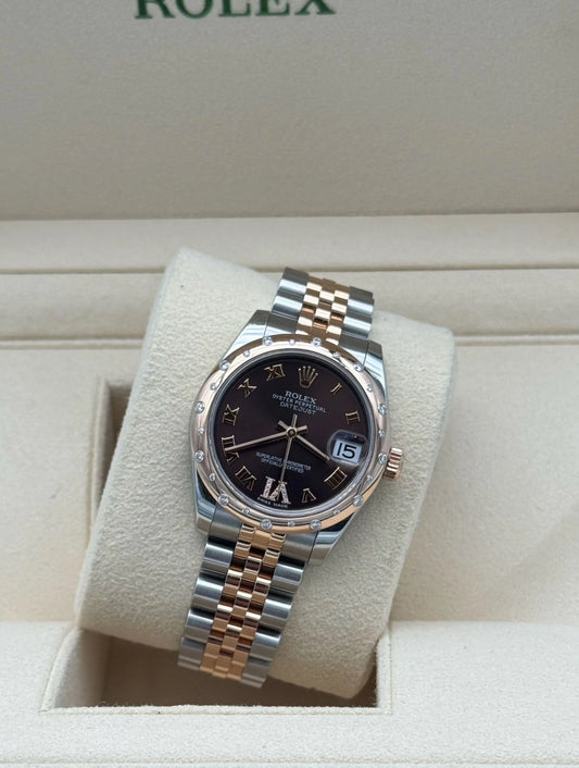 Rolex Datejust 31mm Steel and Rose Gold with Chocolate dial and diamonds bezel 2015, full set, like new condition.