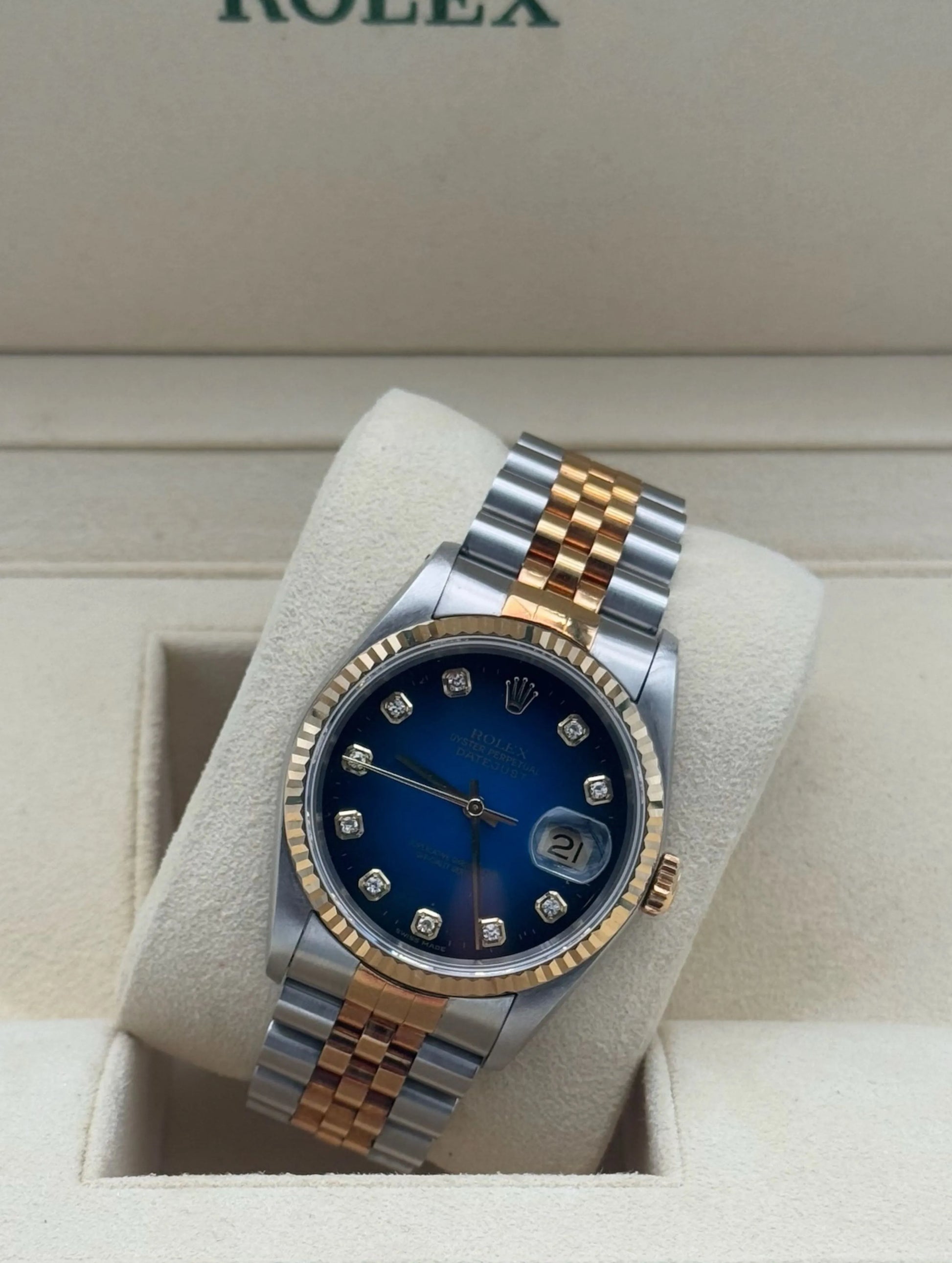 Rolex Datejust 36mm acero y oro con esfera azul y diamantes, año 1994, brazalete Jubilee – Rolex Datejust 36mm steel & gold with blue diamond dial, 1994, Jubilee bracelet