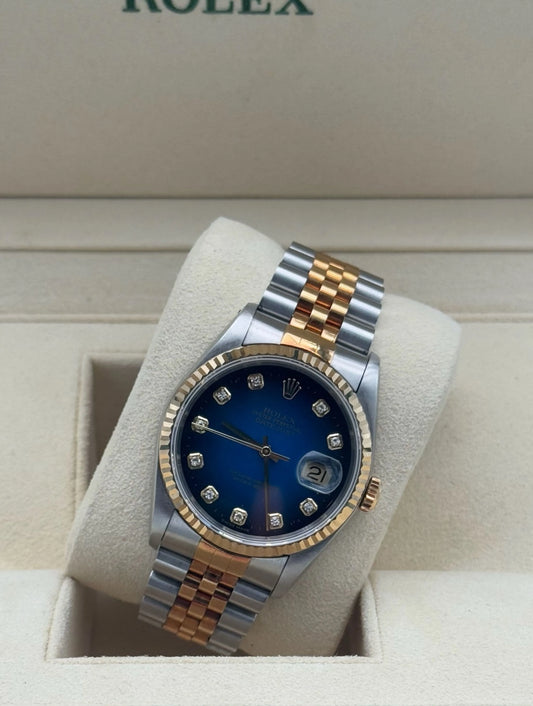 Rolex Datejust 36mm acero y oro con esfera azul y diamantes, año 1994, brazalete Jubilee – Rolex Datejust 36mm steel & gold with blue diamond dial, 1994, Jubilee bracelet