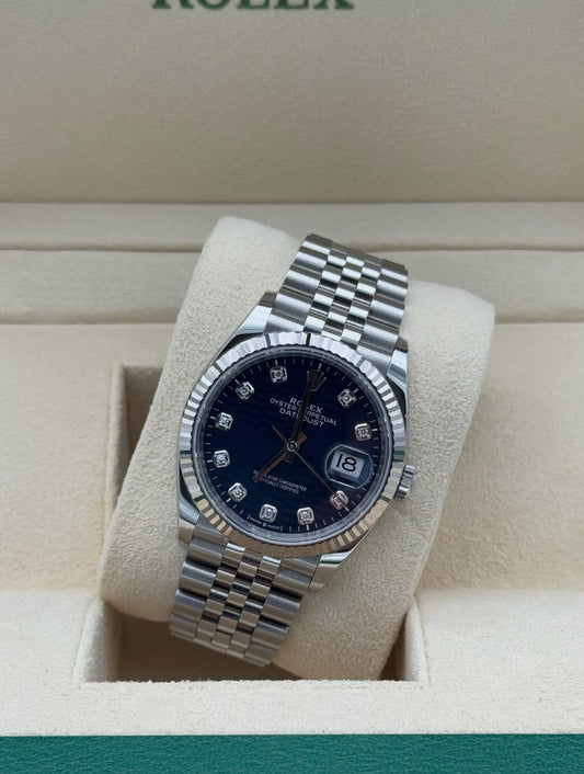 Rolex Datejust 36mm acero con esfera azul motif y diamantes, año 2024, brazalete Jubilee – Rolex Datejust 36mm steel blue motif diamond dial, 2024, Jubilee bracelet