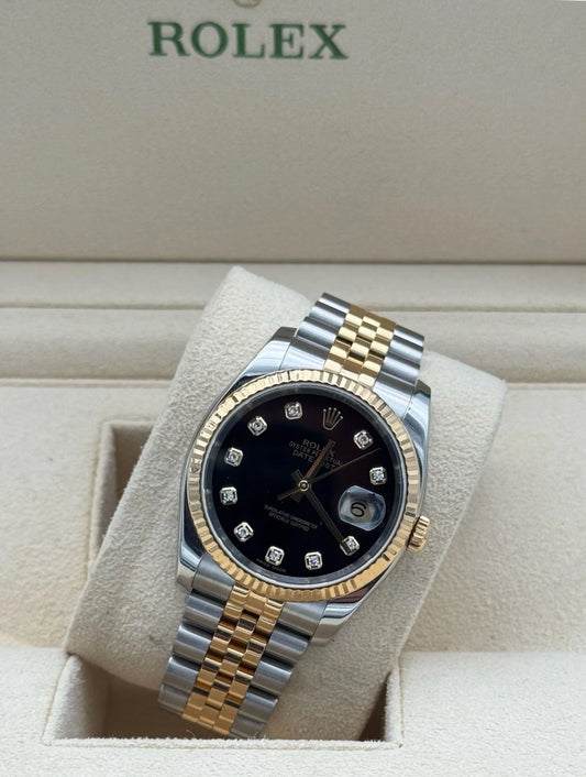 Rolex Datejust 36mm acero y oro con esfera negra y diamantes, año 2015, brazalete Jubilee – Rolex Datejust 36mm steel & gold with black diamond dial, 2015, Jubilee bracelet